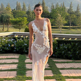 Robe nuisette dos nu décolleté en V profond Robe florale tridimensionnelle transparente en maille
